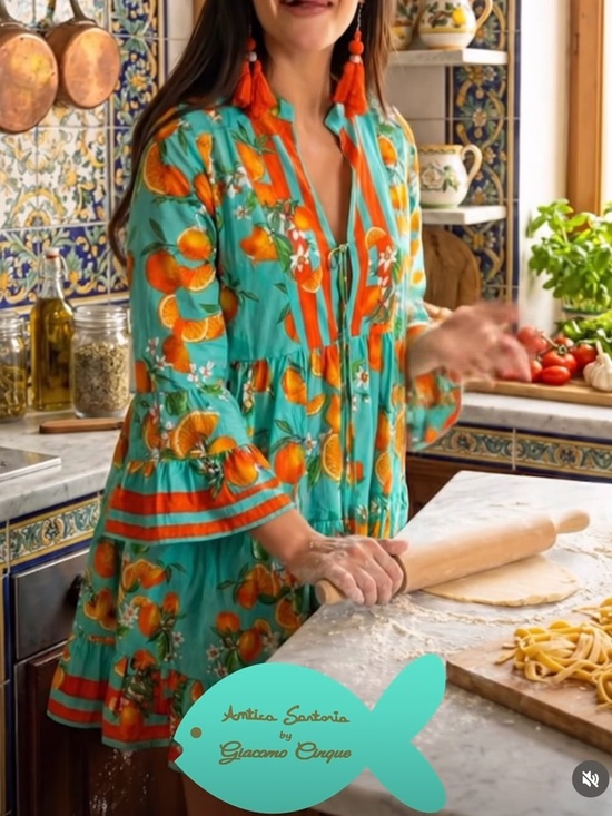 Antica Sartoria Dresses & Skirts - Antica Sartoria Turquoise Long-Sleeve Orange Print Dress